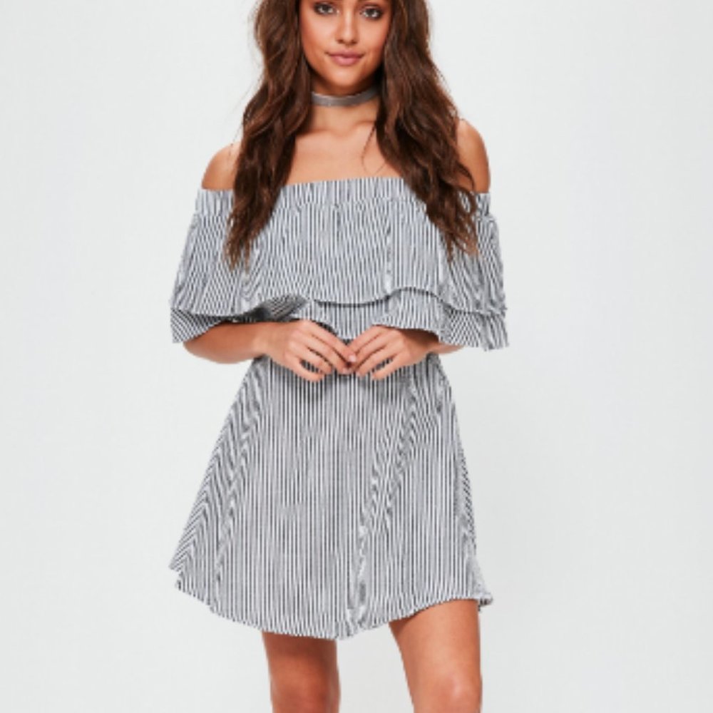 Grey Stripe Ruffle Layer Bardot Swing Dress